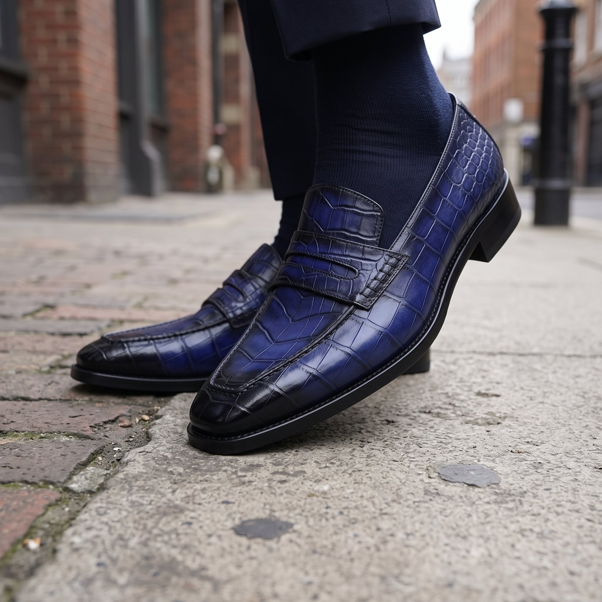 Men's Blue and Black Cap-Toe Alligator-Embossed Leather Penny Loafers — Edwin