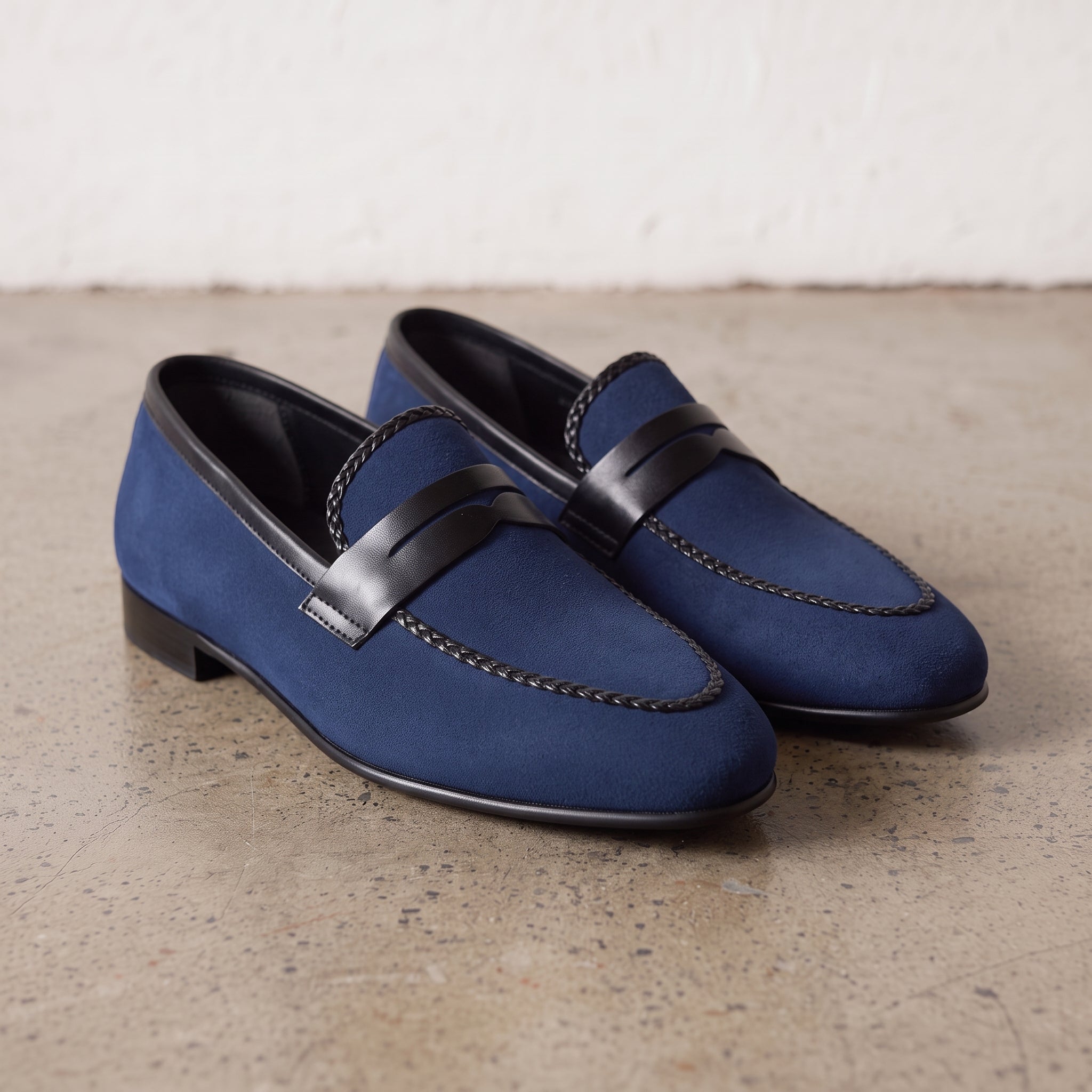 Men's Blue Plain-Toe Suede Penny Loafers — Akenside