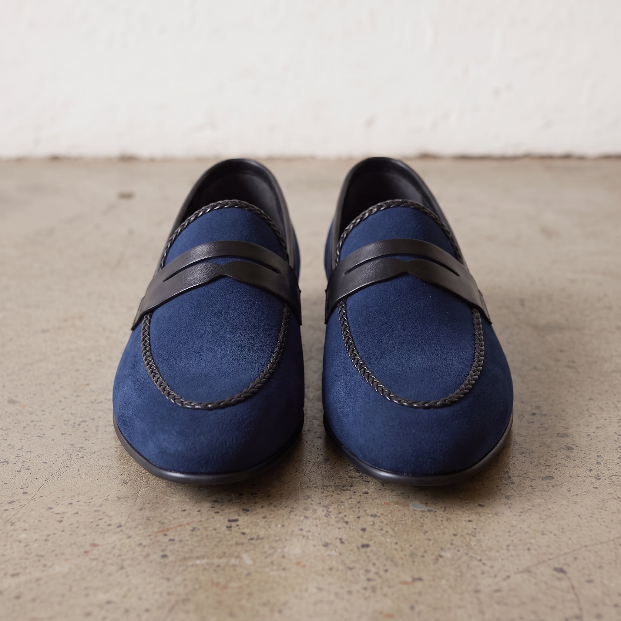 Men's Blue Plain-Toe Suede Penny Loafers — Akenside
