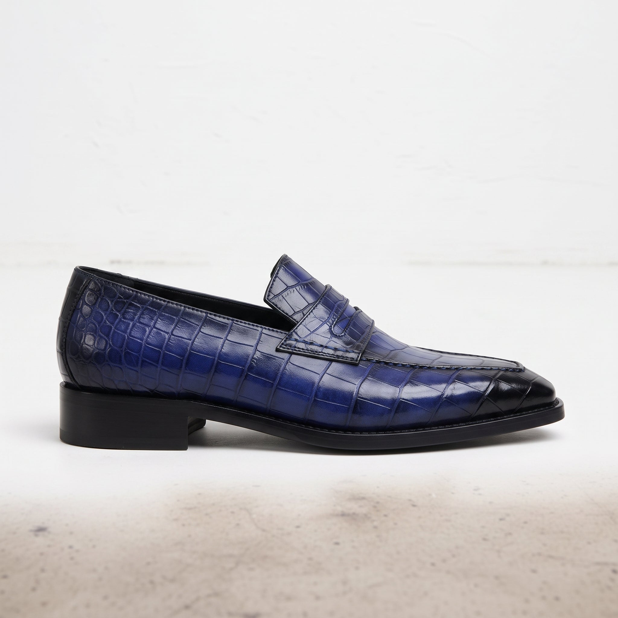 Men's Blue and Black Cap-Toe Alligator-Embossed Leather Penny Loafers — Edwin