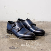 Men's Blue and Black Cap-Toe Leather Double Monk Strap Shoes — Barkham