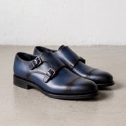 Men's Blue and Black Cap-Toe Leather Double Monk Strap Shoes — Barkham