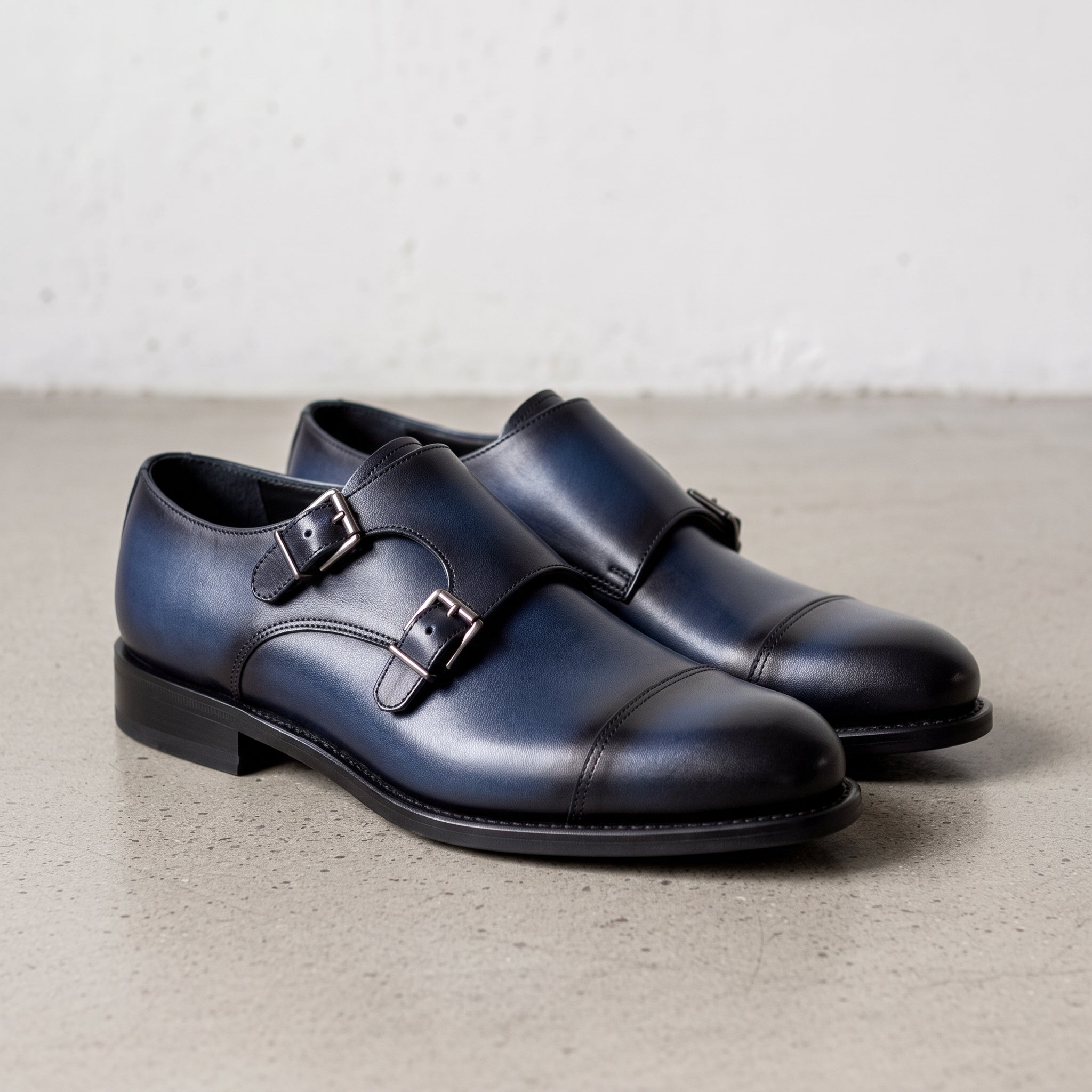 Men's Blue and Black Cap-Toe Leather Double Monk Strap Shoes — Barkham