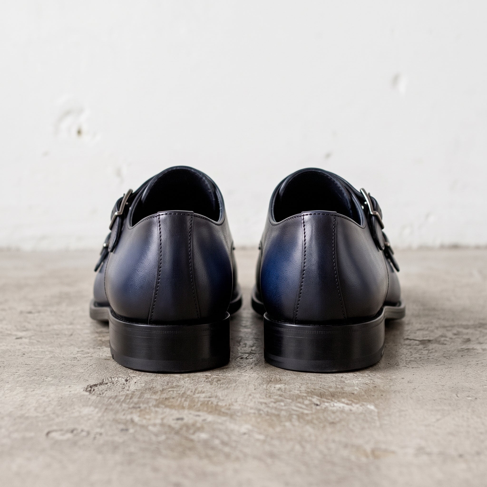 Men's Blue and Black Cap-Toe Leather Double Monk Strap Shoes — Barkham