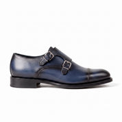 Men's Blue and Black Cap-Toe Leather Double Monk Strap Shoes — Barkham