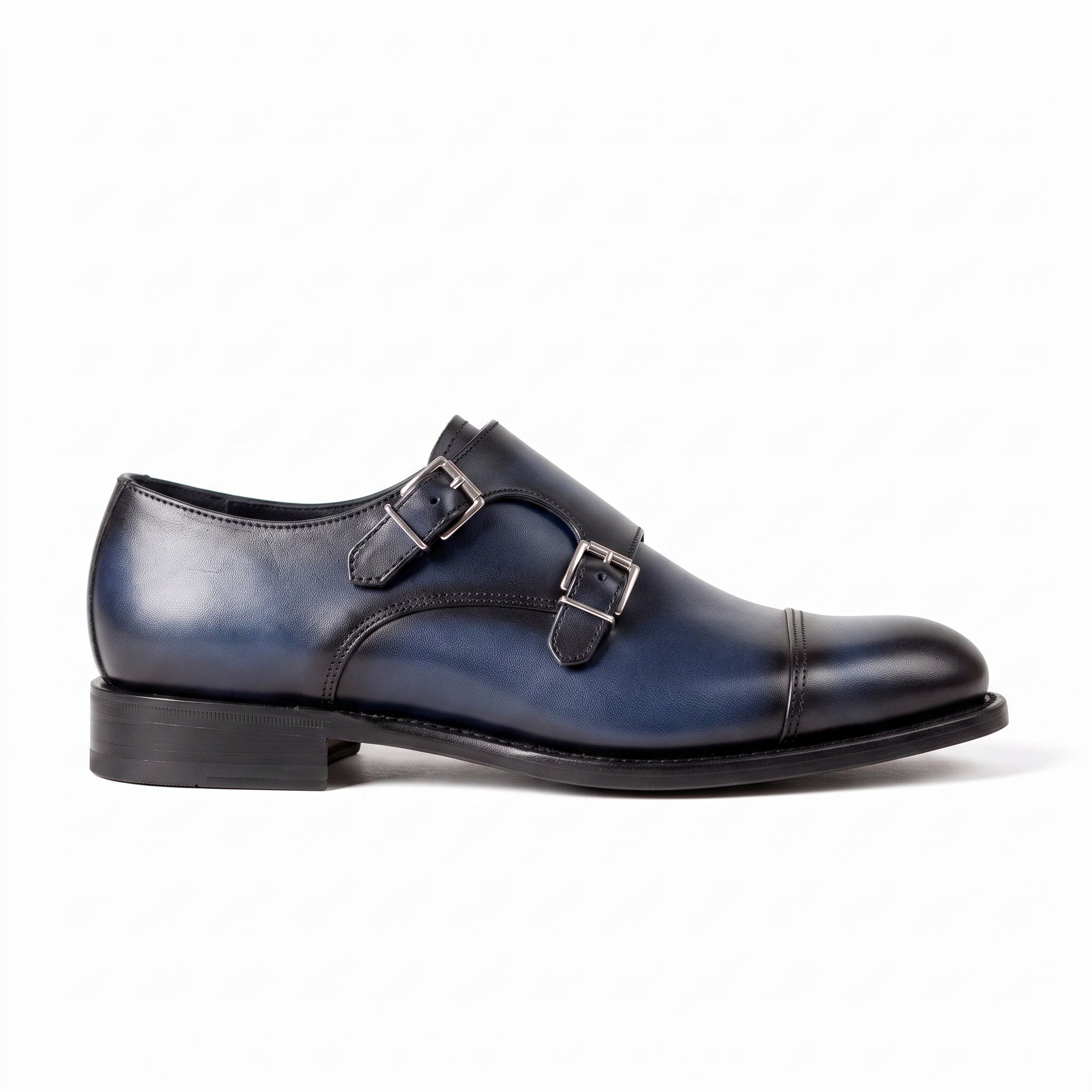 Men's Blue and Black Cap-Toe Leather Double Monk Strap Shoes — Barkham
