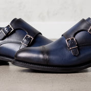 Men's Blue and Black Cap-Toe Leather Double Monk Strap Shoes — Barkham