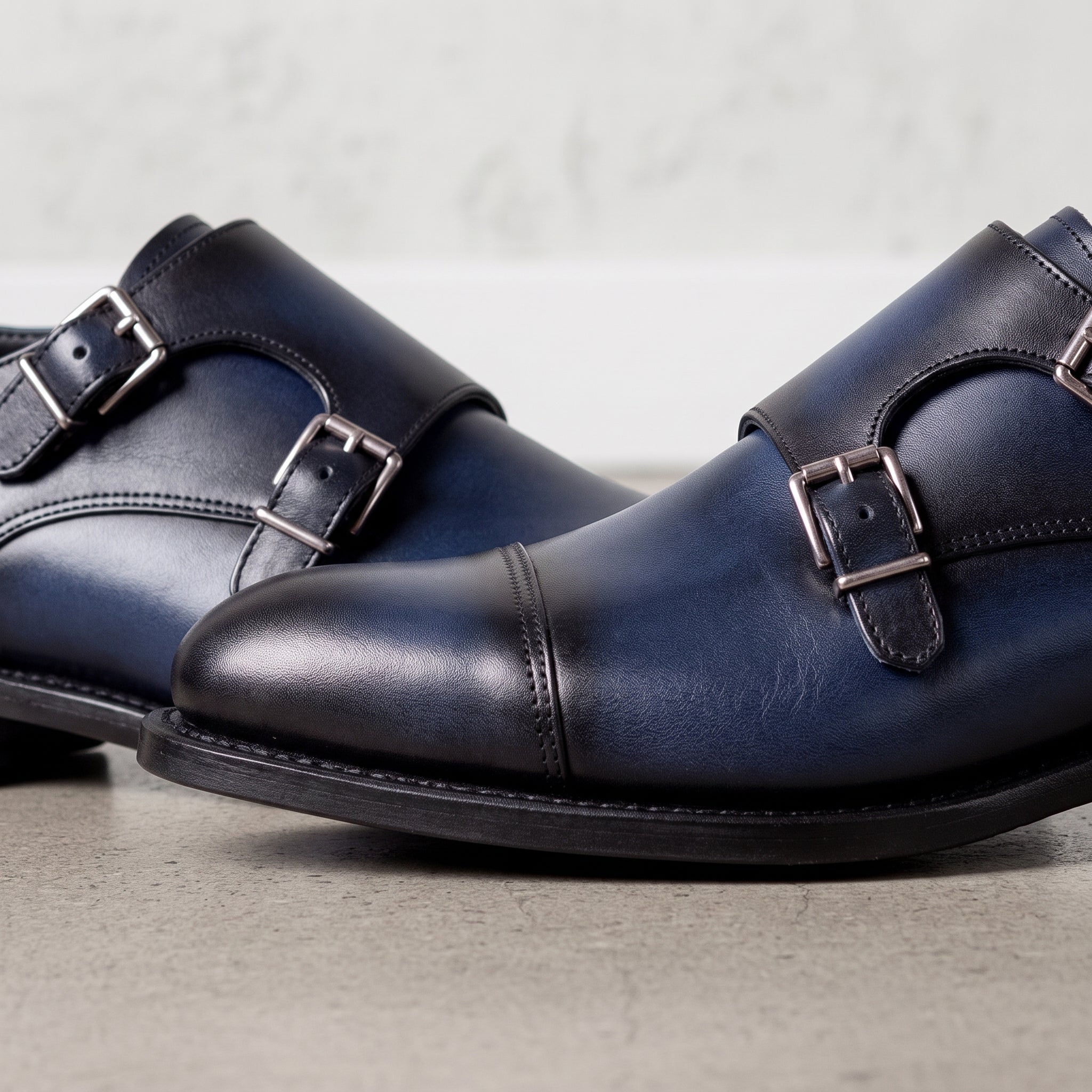Men's Blue and Black Cap-Toe Leather Double Monk Strap Shoes — Barkham