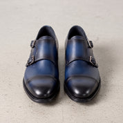 Men's Blue and Black Cap-Toe Leather Double Monk Strap Shoes — Barkham