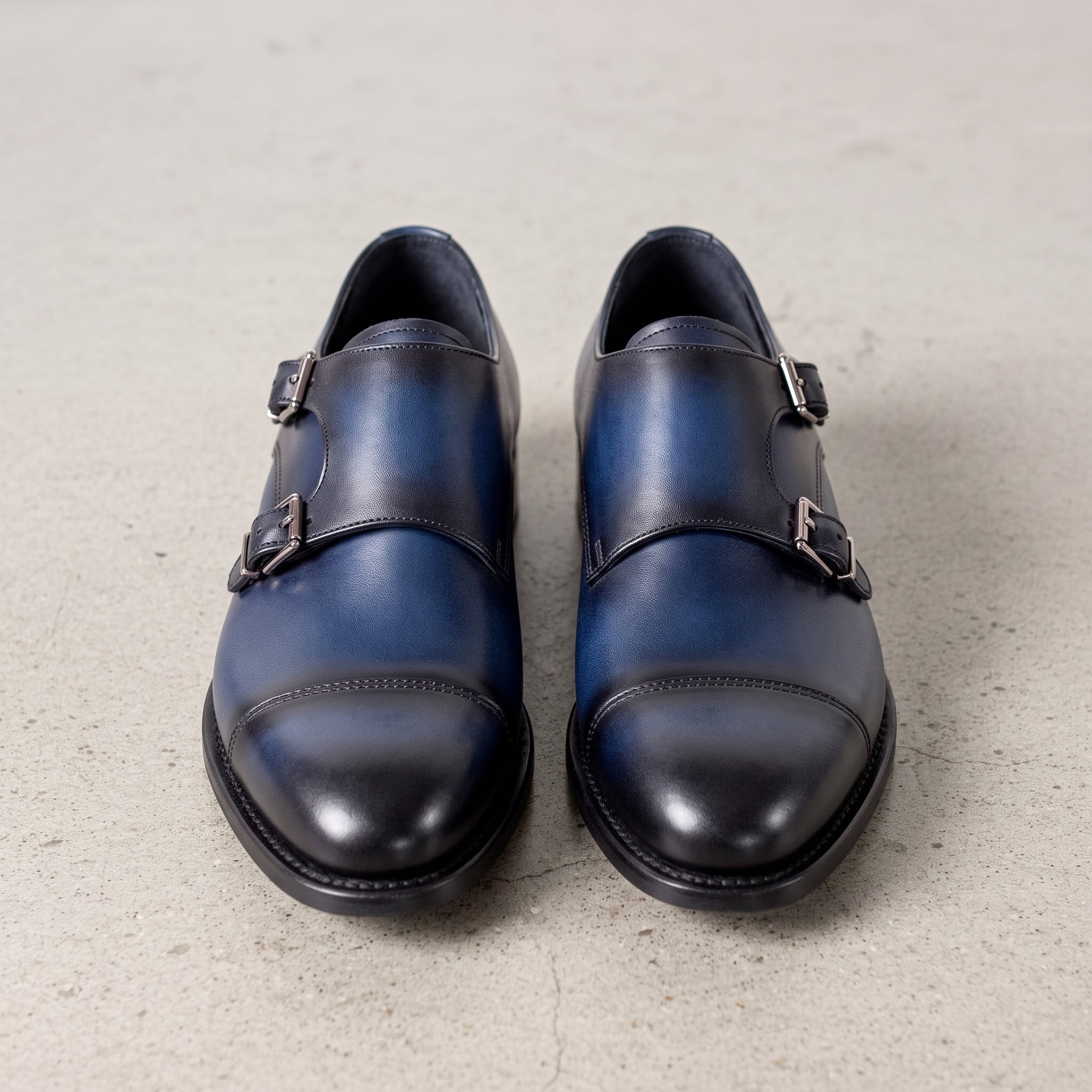 Men's Blue and Black Cap-Toe Leather Double Monk Strap Shoes — Barkham