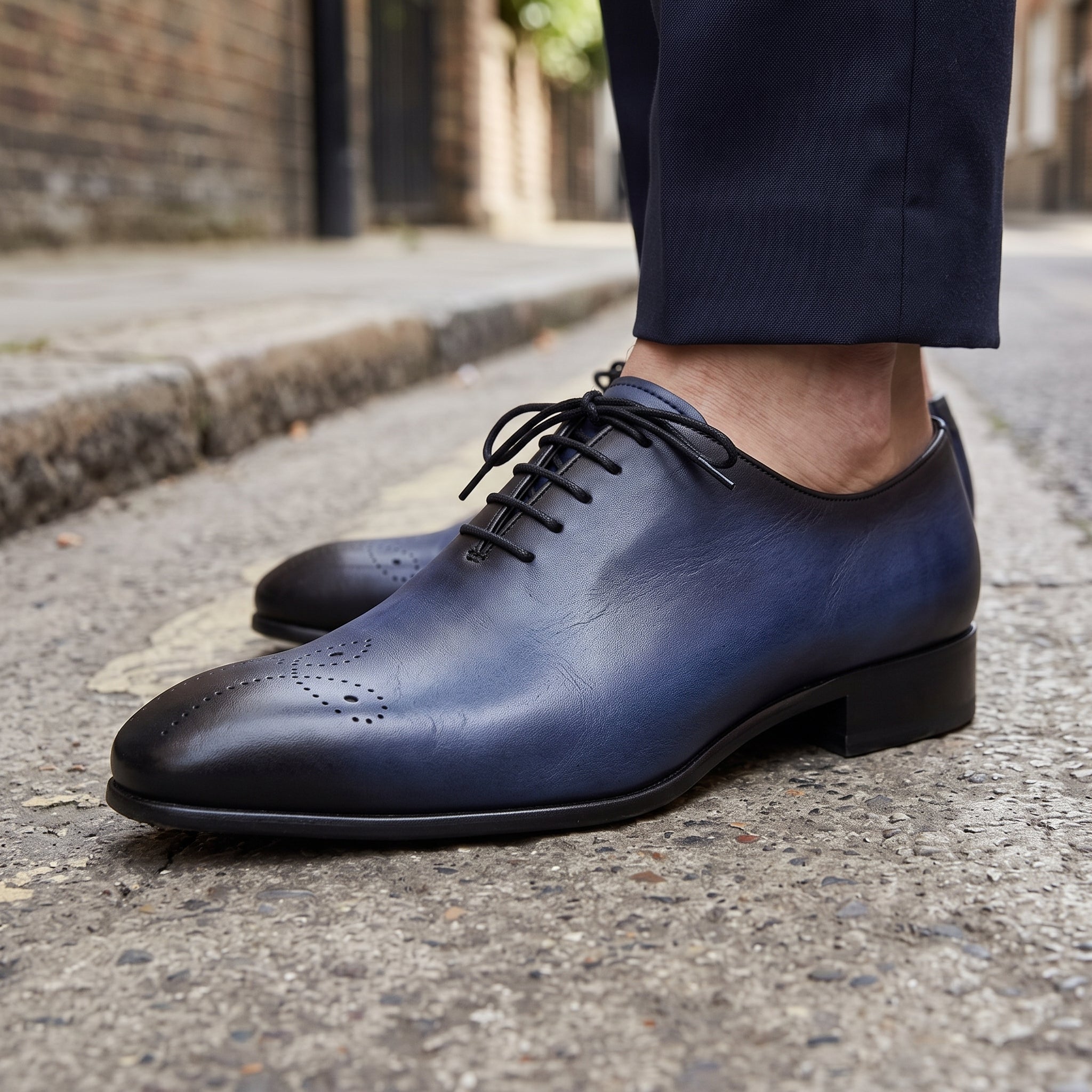 Men's Blue and Black Cap-Toe Leather Oxfords — Deaton