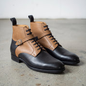Men's Tan and Black Two-Tone Pebbled Leather Plain-Toe Lace-Up Ankle Boots — Alston