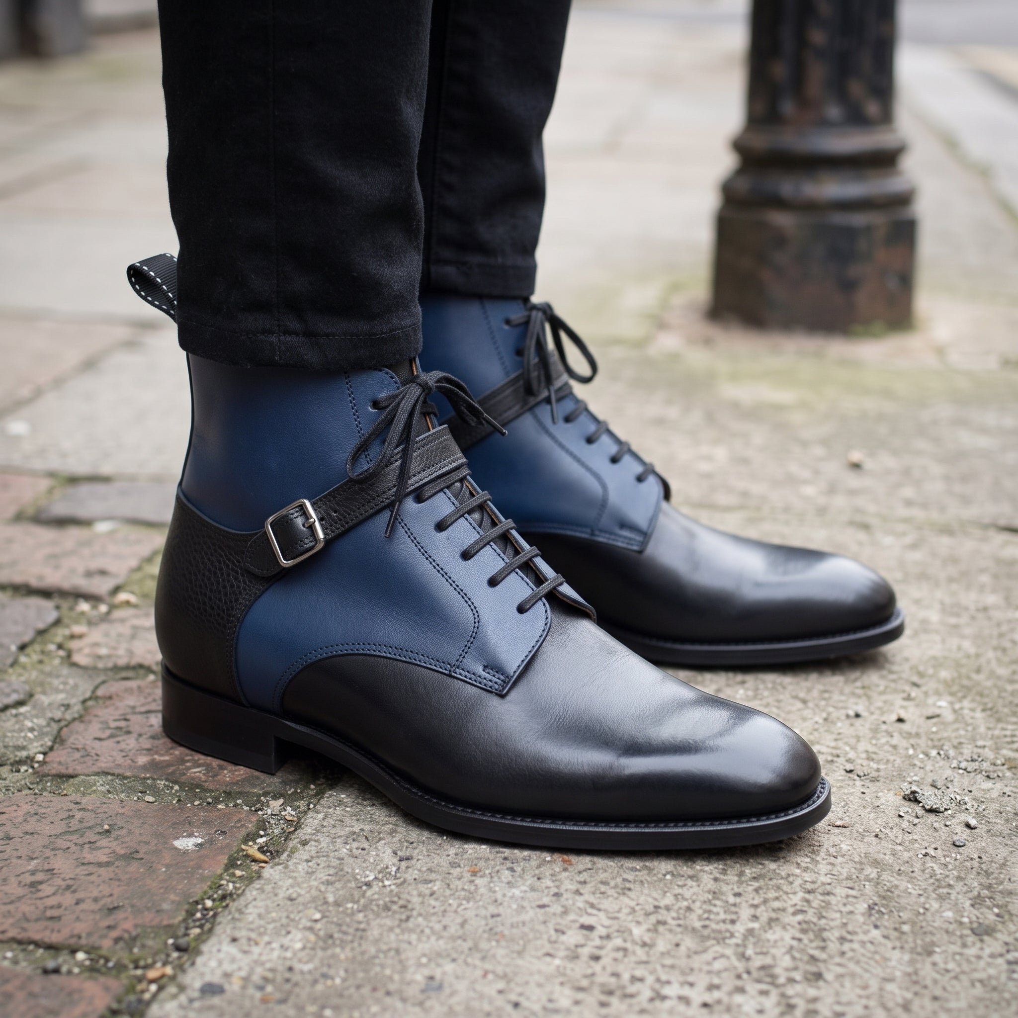 Men's Blue and Black Two-Tone Pebbled Leather Plain-Toe Lace-Up Ankle Boots — Alston