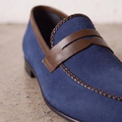 Men's Blue and Brown Apron-Toe Suede Penny Loafers — Akenside
