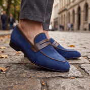Men's Blue and Brown Apron-Toe Suede Penny Loafers — Akenside