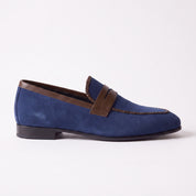 Men's Blue and Brown Apron-Toe Suede Penny Loafers — Akenside