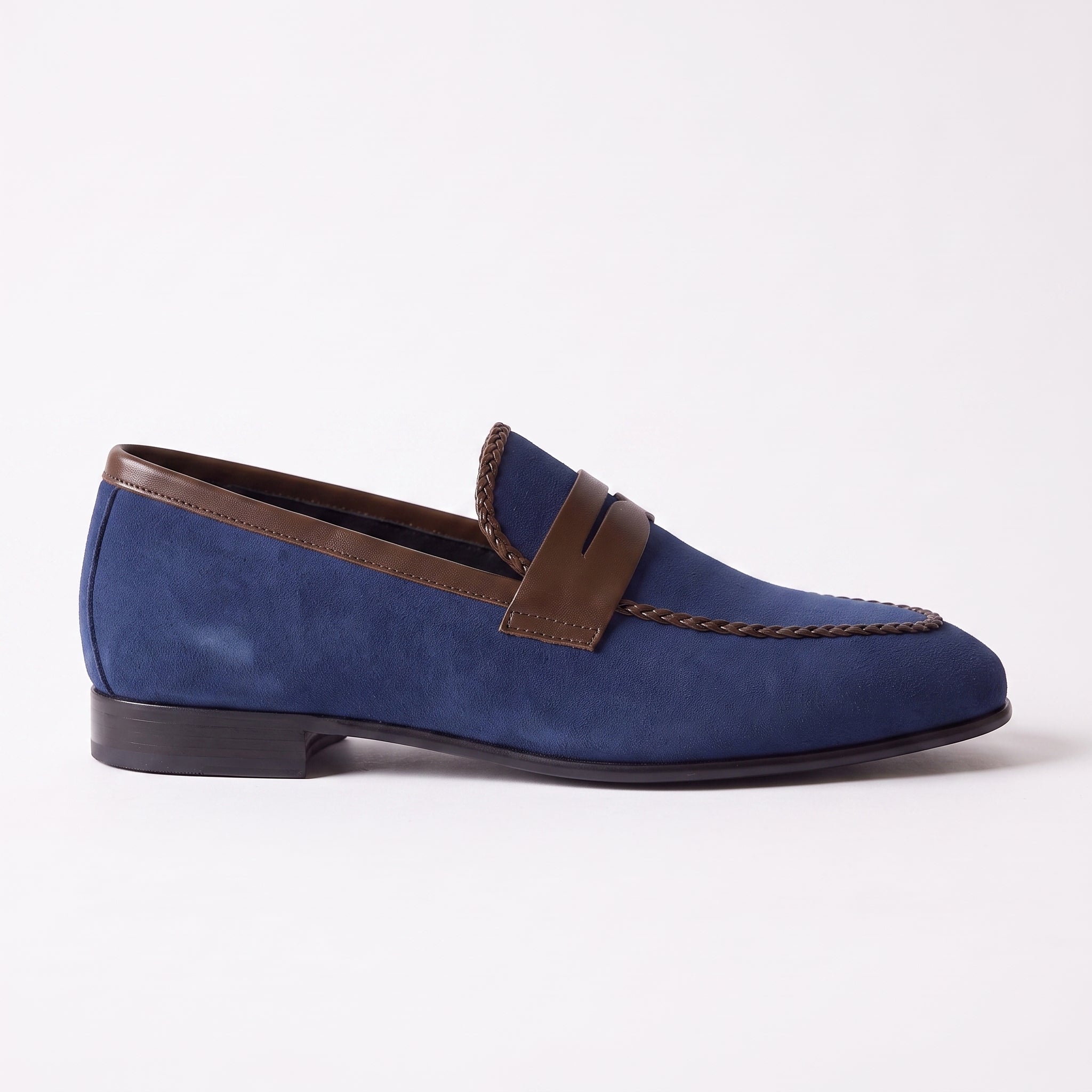Men's Blue and Brown Apron-Toe Suede Penny Loafers — Akenside