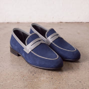 Men's Blue and Light Gray Apron-Toe Suede Penny Loafers — Akenside