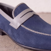Men's Blue and Light Gray Apron-Toe Suede Penny Loafers — Akenside
