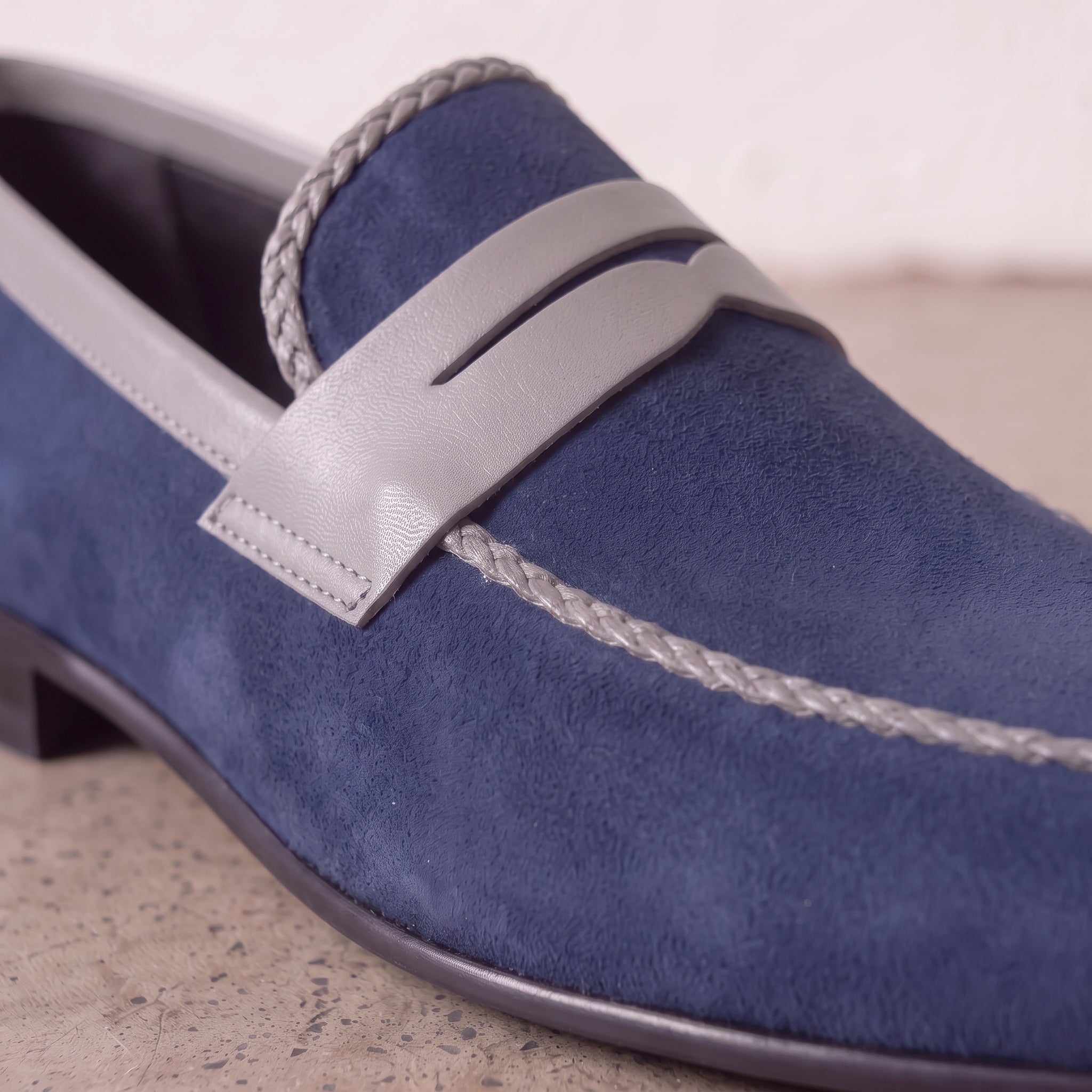Men's Blue and Light Gray Apron-Toe Suede Penny Loafers — Akenside