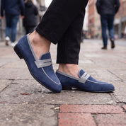 Men's Blue and Light Gray Apron-Toe Suede Penny Loafers — Akenside