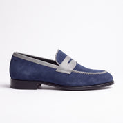 Men's Blue and Light Gray Apron-Toe Suede Penny Loafers — Akenside