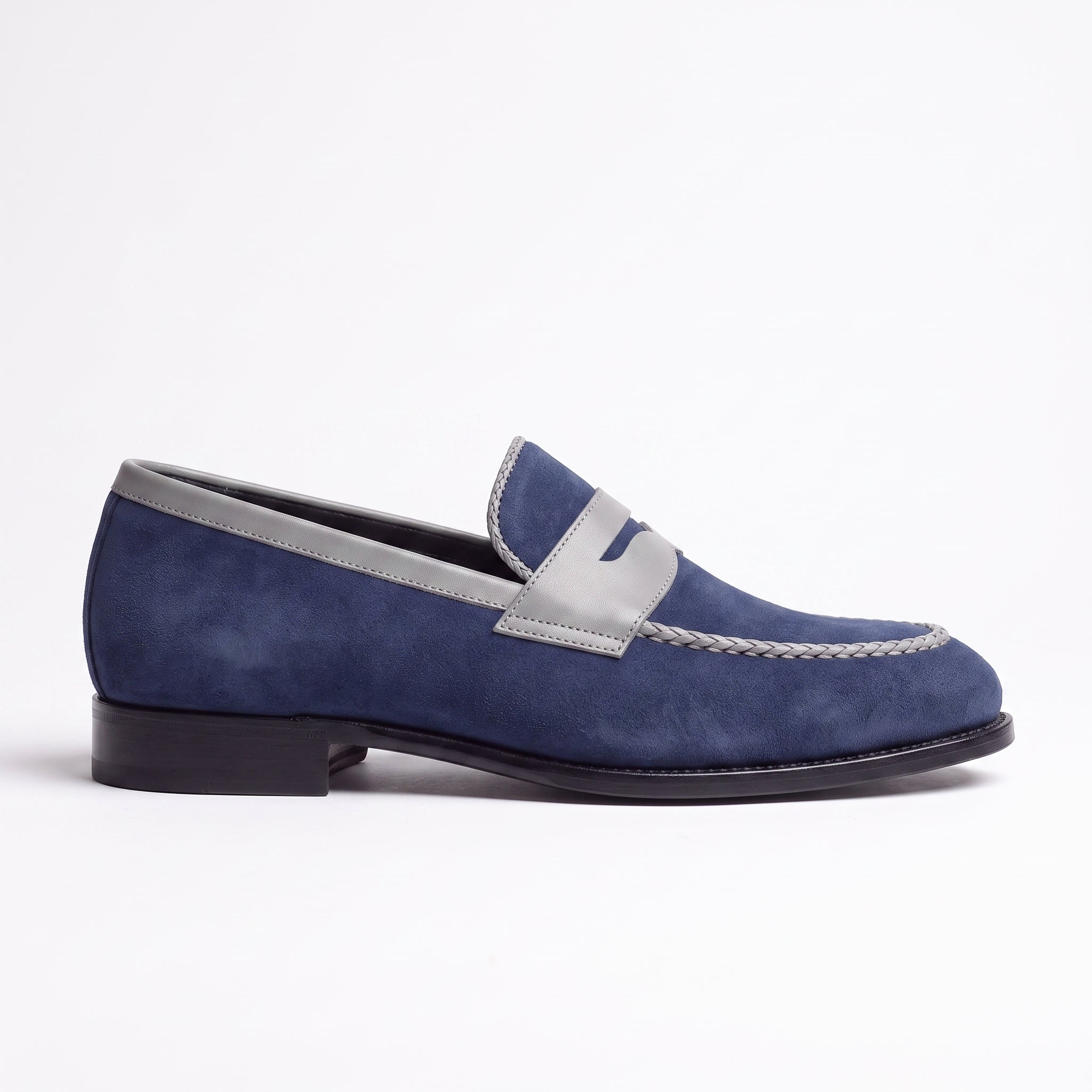 Men's Blue and Light Gray Apron-Toe Suede Penny Loafers — Akenside