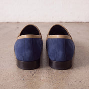 Men's Blue and Tan Apron-Toe Suede Penny Loafers — Akenside