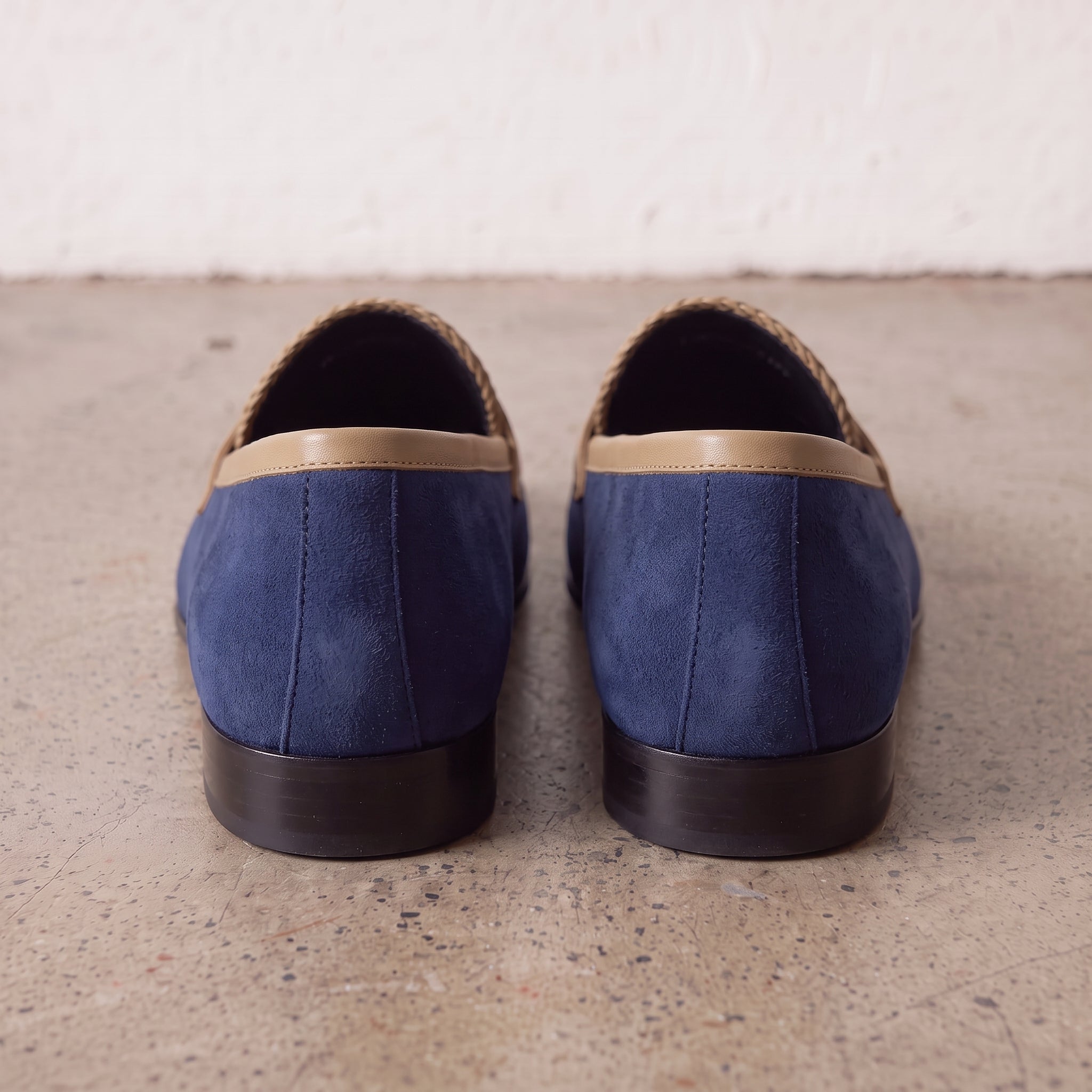 Men's Blue and Tan Apron-Toe Suede Penny Loafers — Akenside