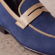 Men's Blue and Tan Apron-Toe Suede Penny Loafers — Akenside
