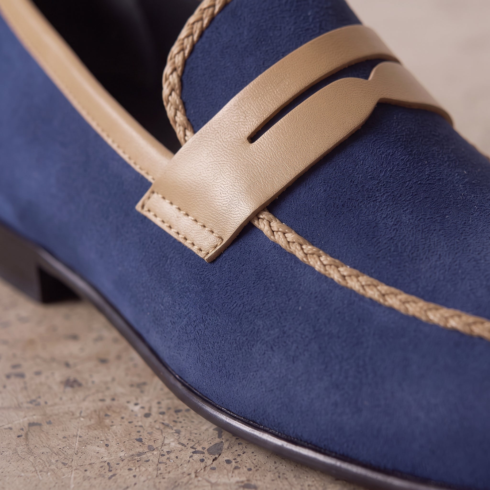Men's Blue and Tan Apron-Toe Suede Penny Loafers — Akenside