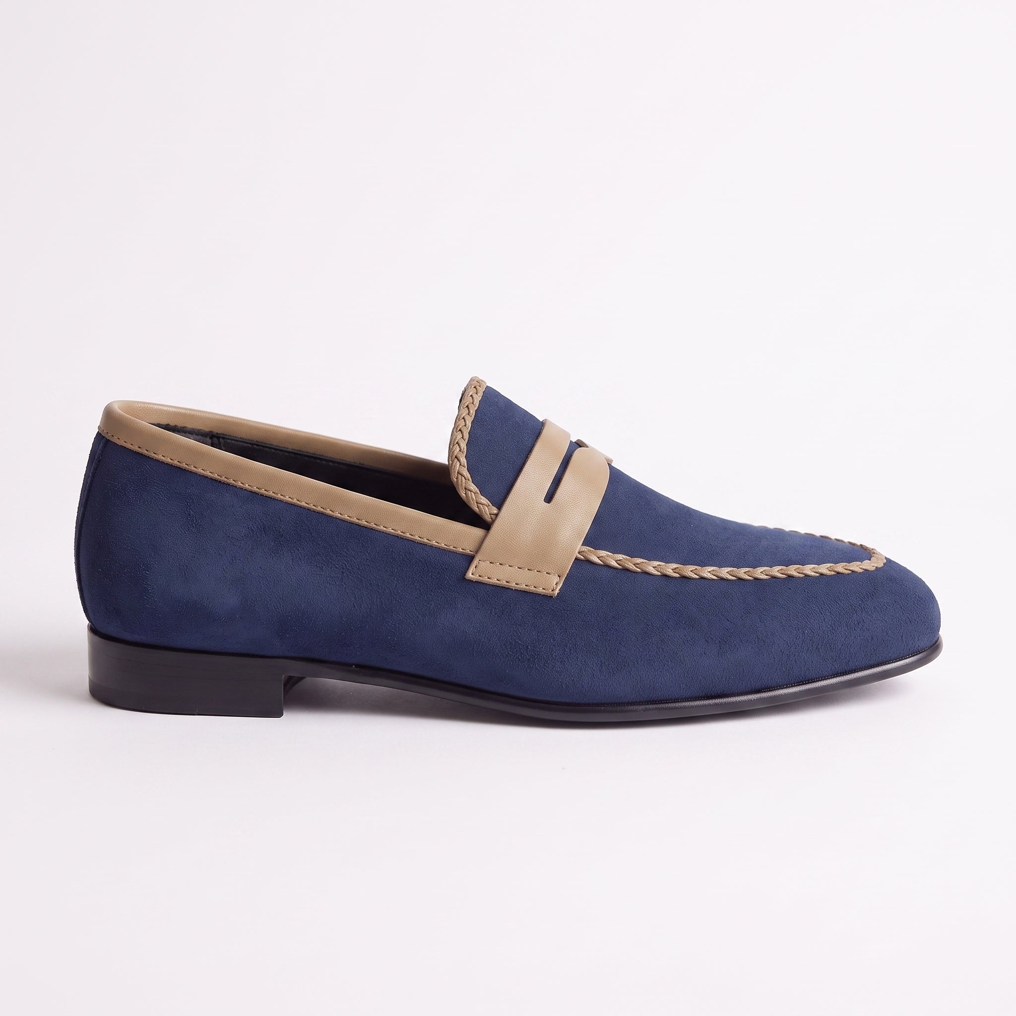 Men's Blue and Tan Apron-Toe Suede Penny Loafers — Akenside