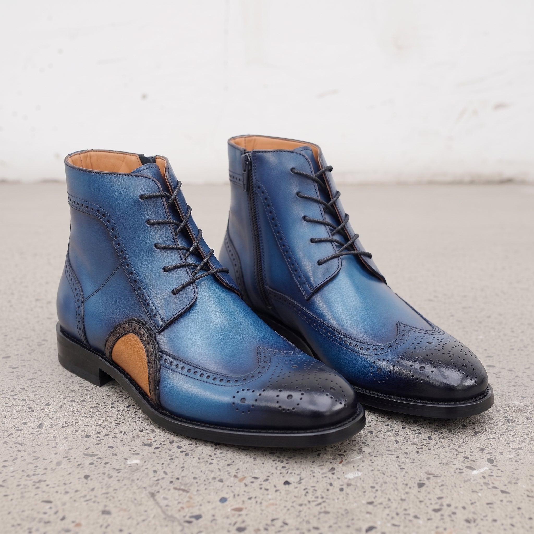 Men's Blue and Tan Wingtip Leather Oxford Boots — Bulmer