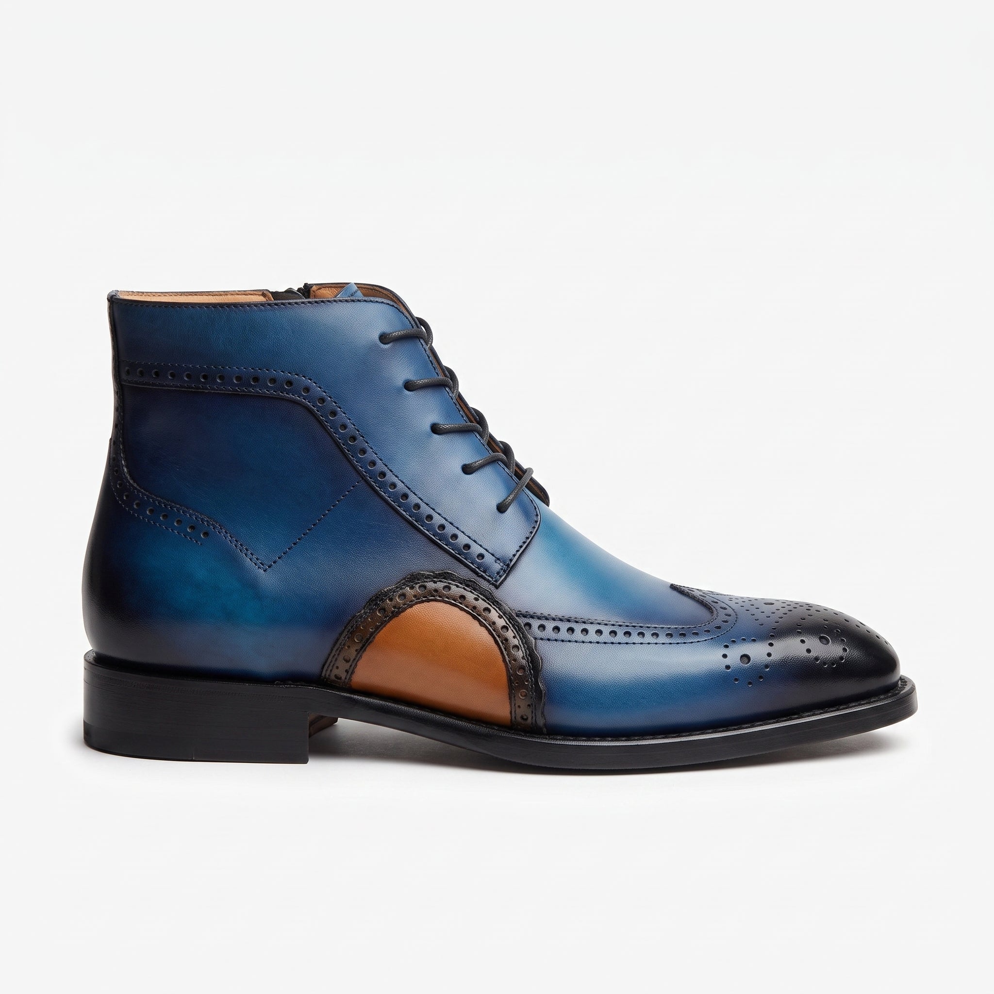 Handcrafted Men's Blue Wing Tip Brogue Leather Boots