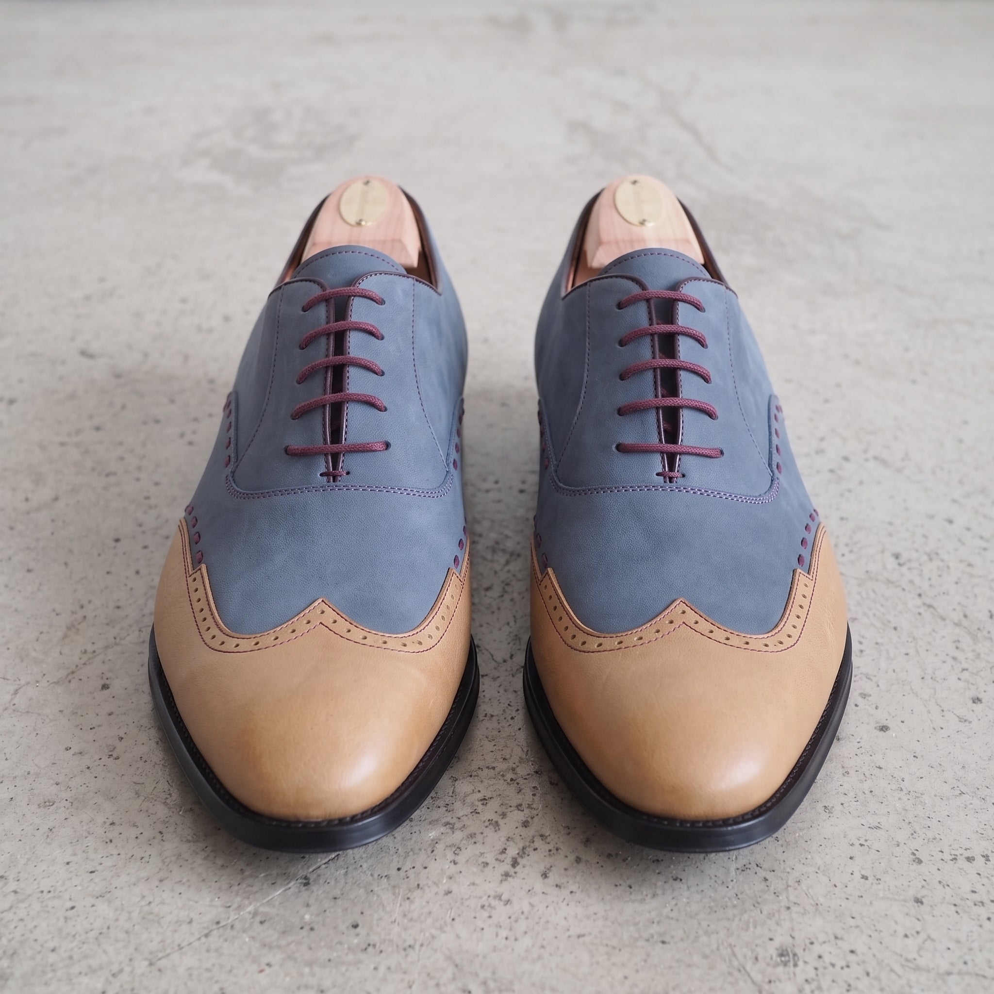 Men's Blue and Tan Wingtip Leather Oxfords — Heron