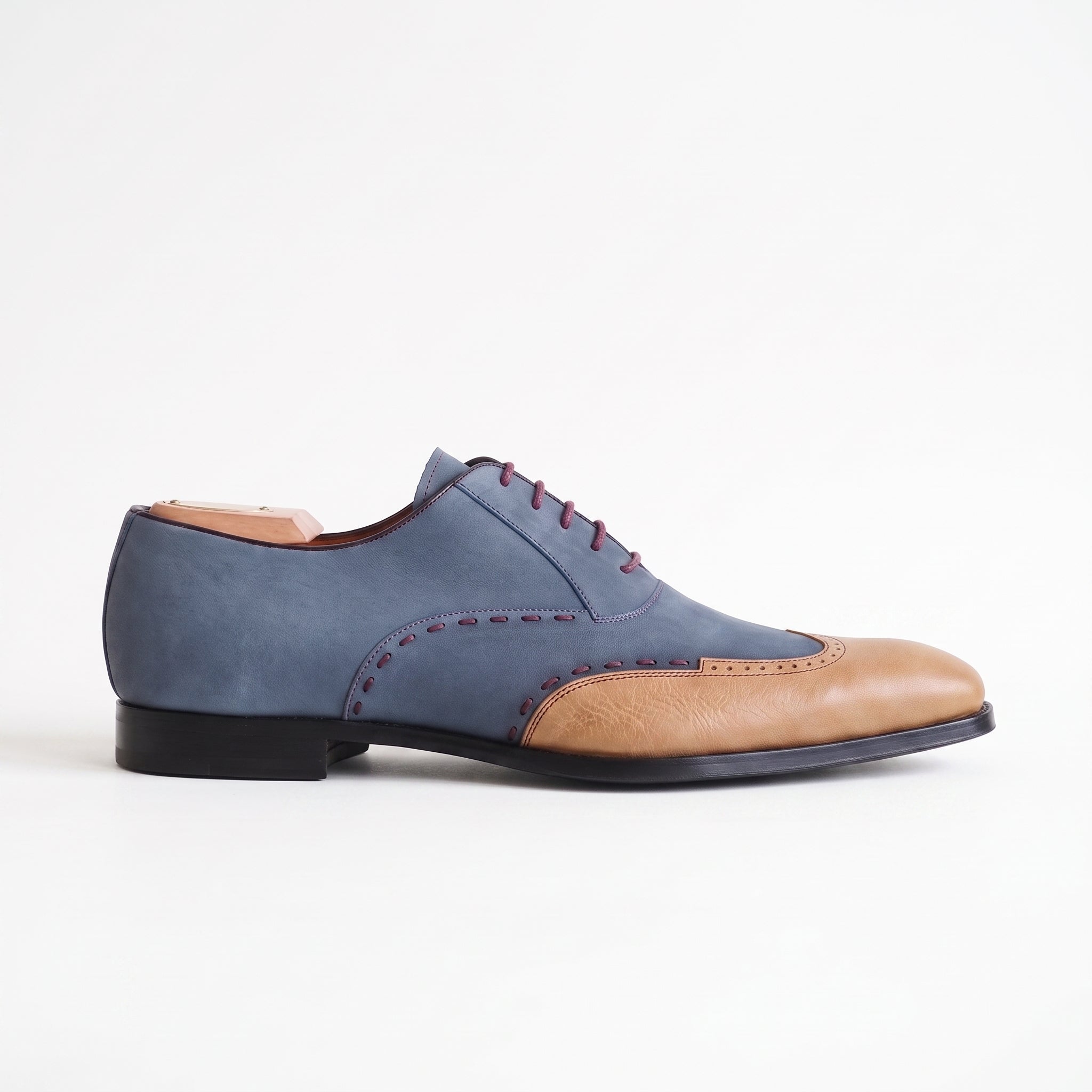 Men's Blue and Tan Wingtip Leather Oxfords — Heron