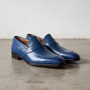 Men's Blue Apron-Toe Leather Penny Loafers — Seagrave
