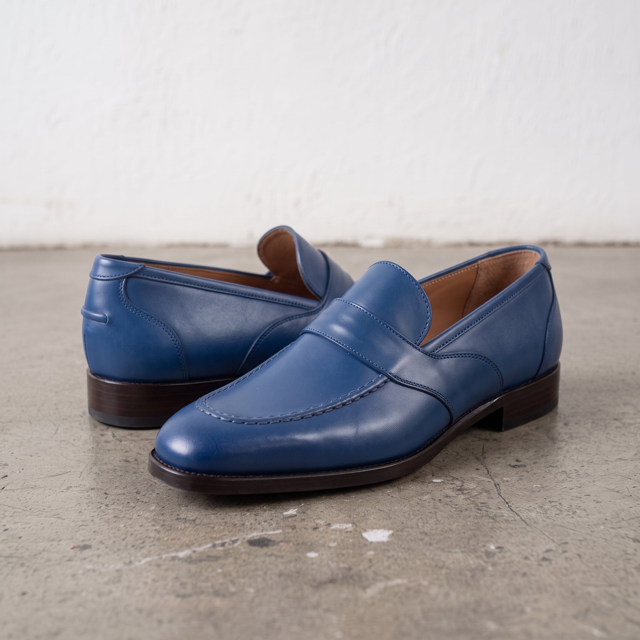 Men's Blue Apron-Toe Leather Penny Loafers — Seagrave