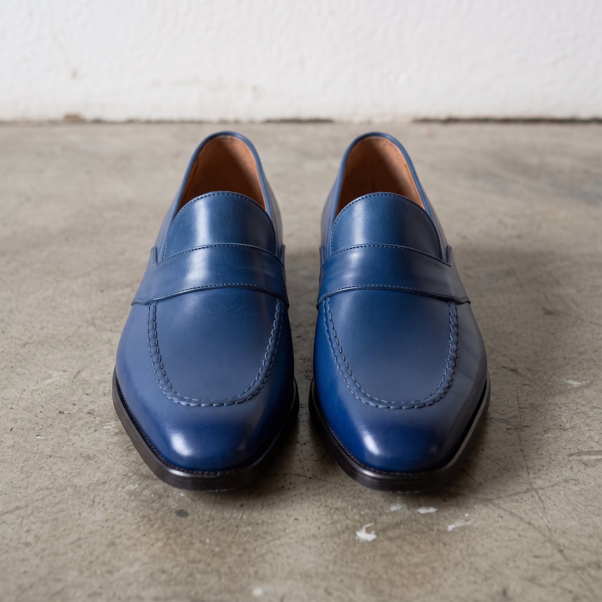 Men's Blue Apron-Toe Leather Penny Loafers — Seagrave