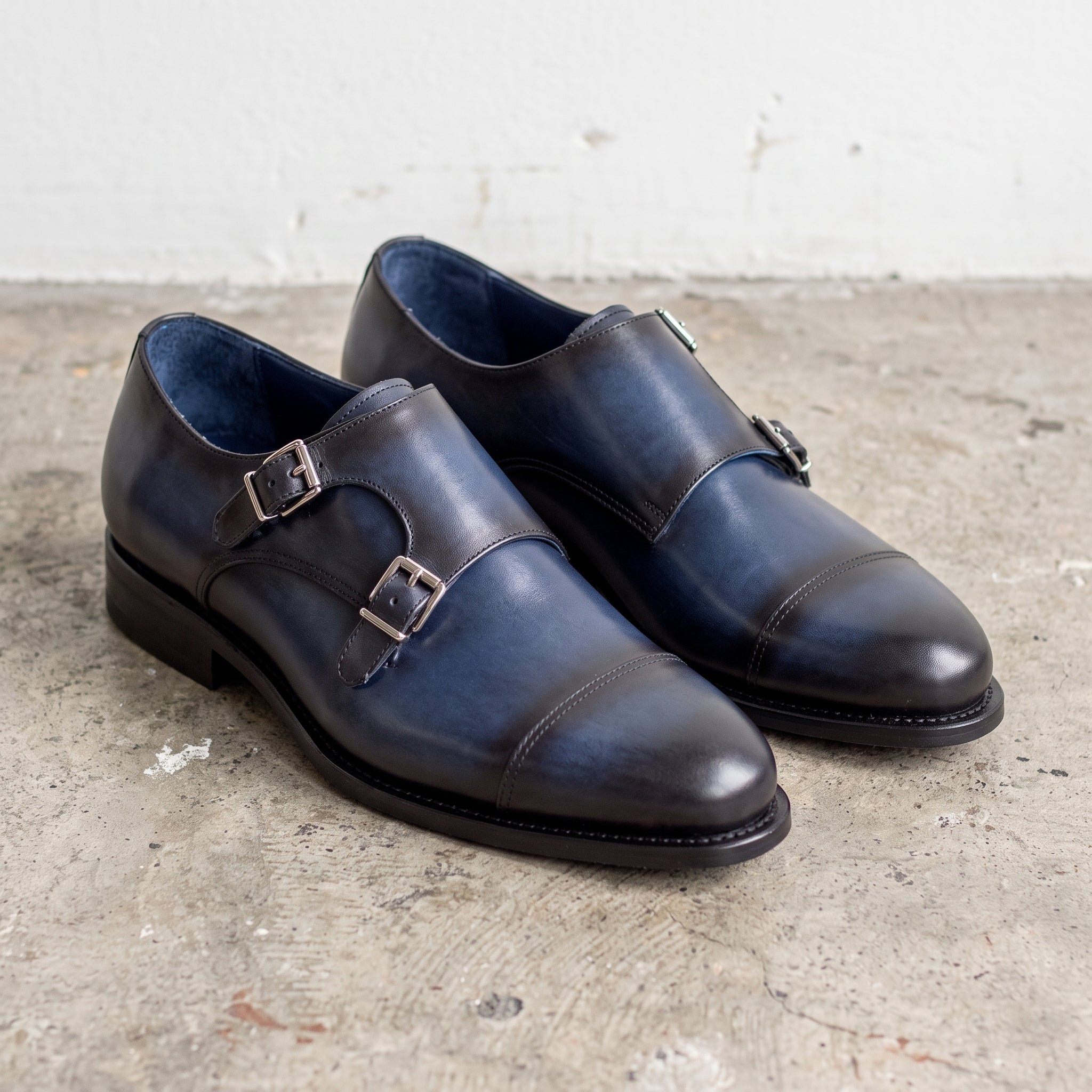 Men's Blue Cap-Toe Leather Double Monk Strap Shoes — Stansfield