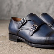 Men's Blue Cap-Toe Leather Double Monk Strap Shoes — Stansfield