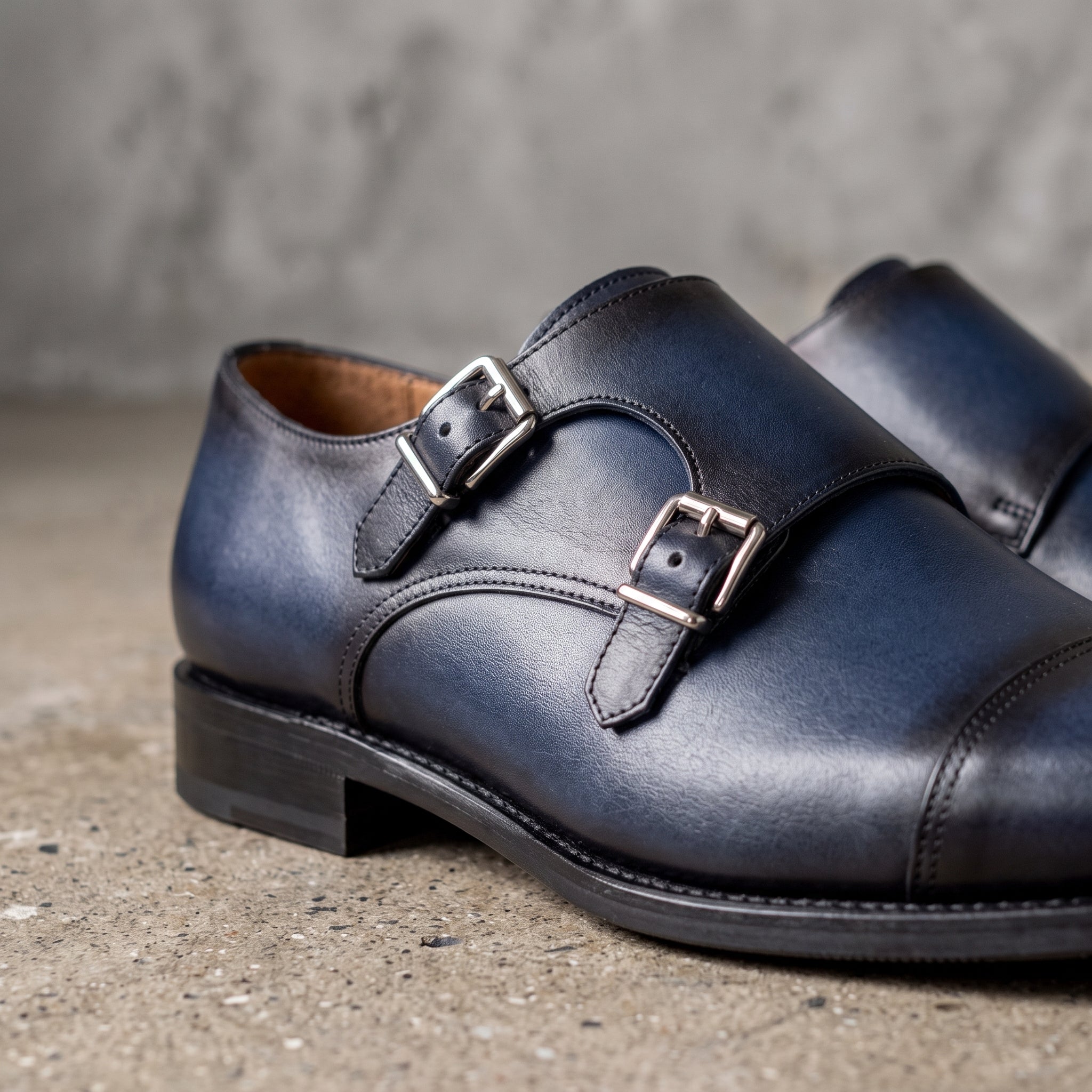 Men's Blue Cap-Toe Leather Double Monk Strap Shoes — Stansfield
