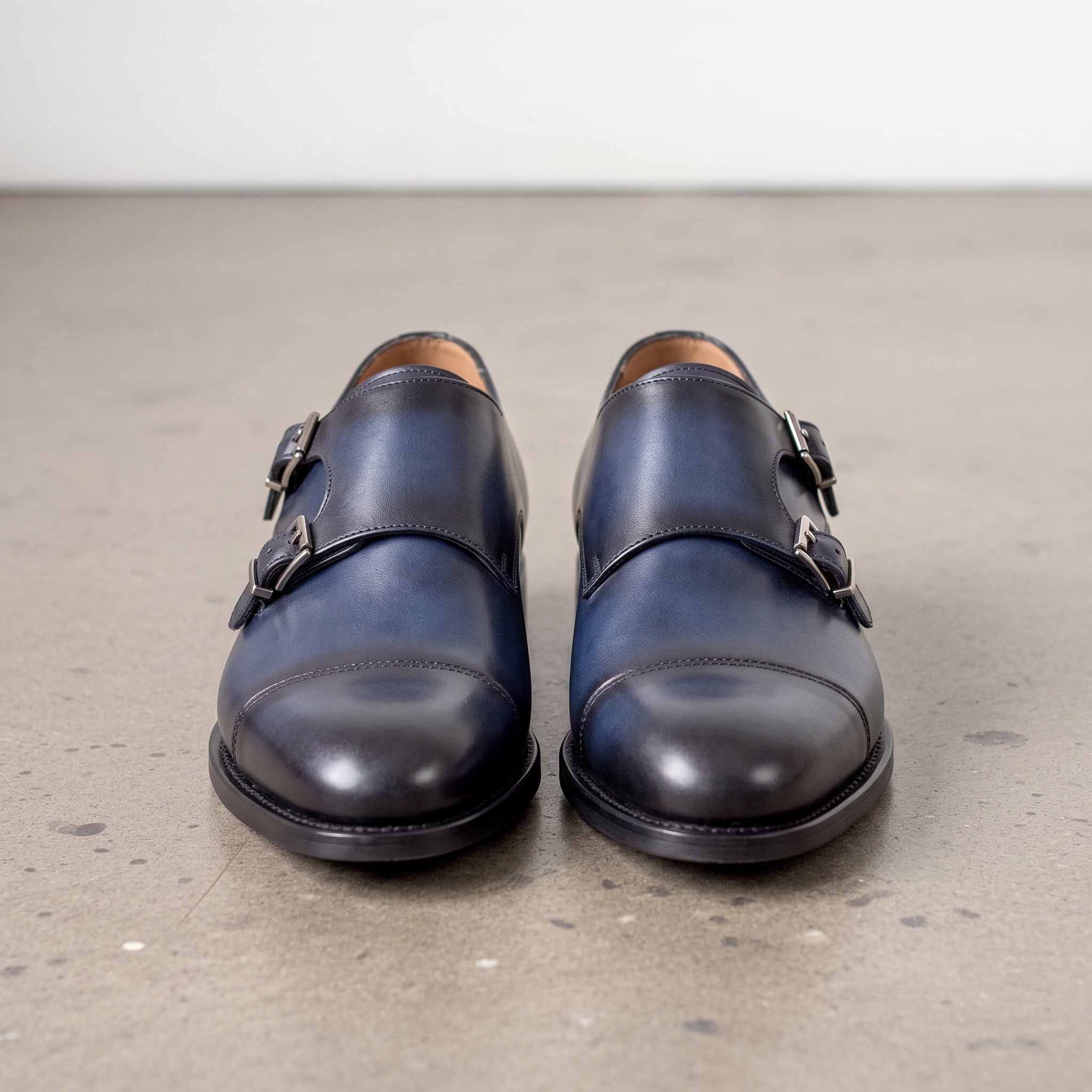 Men's Blue Cap-Toe Leather Double Monk Strap Shoes — Stansfield