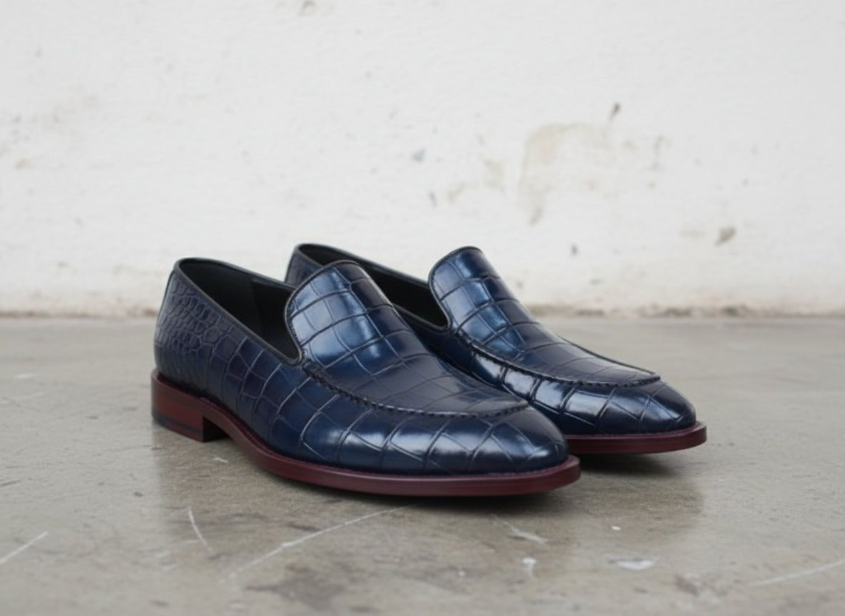 Mens Blue Crocodile Dress shoes, Men blue Alligators patterned shoes - angle-view-showing-depth