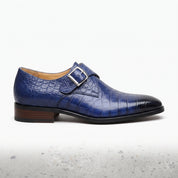 Men's Blue Crocodile-Embossed Leather Cap-Toe Monk Strap Shoes — Huntley