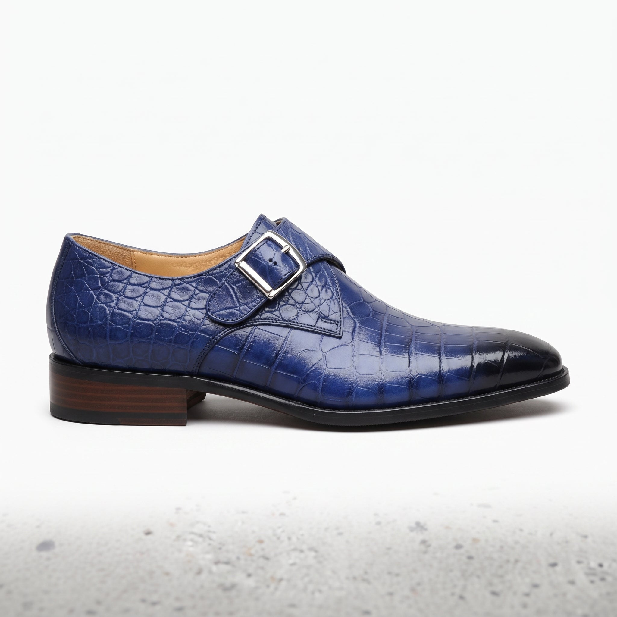 Men's Blue Crocodile-Embossed Leather Cap-Toe Monk Strap Shoes — Huntley