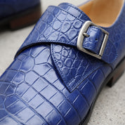 Men's Blue Crocodile-Embossed Leather Cap-Toe Monk Strap Shoes — Huntley