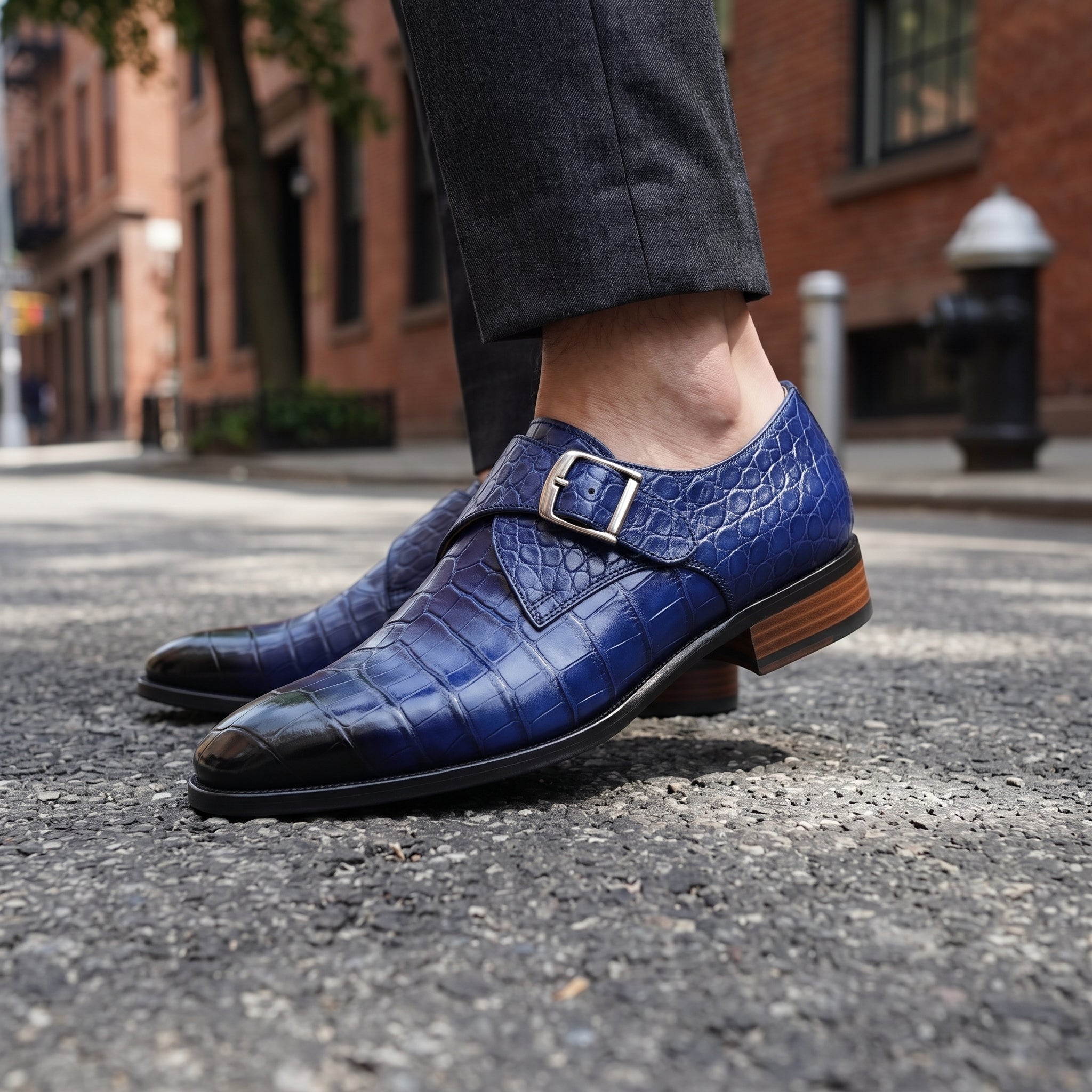 Men's Blue Crocodile-Embossed Leather Cap-Toe Monk Strap Shoes — Huntley