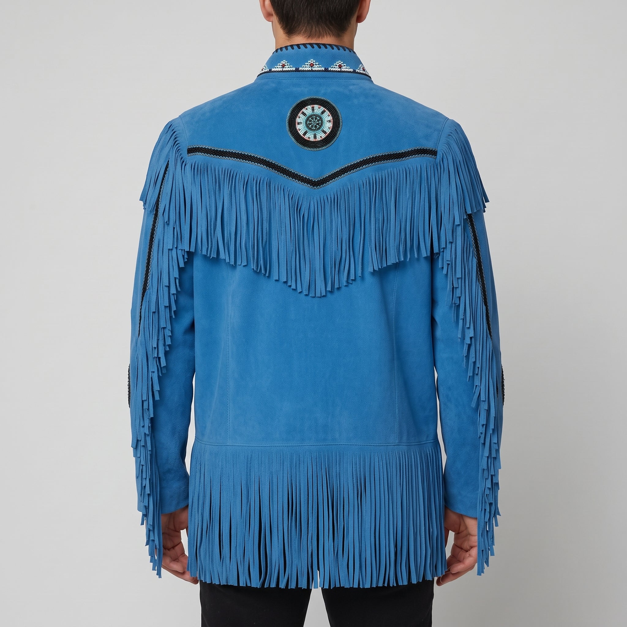 Men's Blue Fringed Suede Jacket — Cherrington