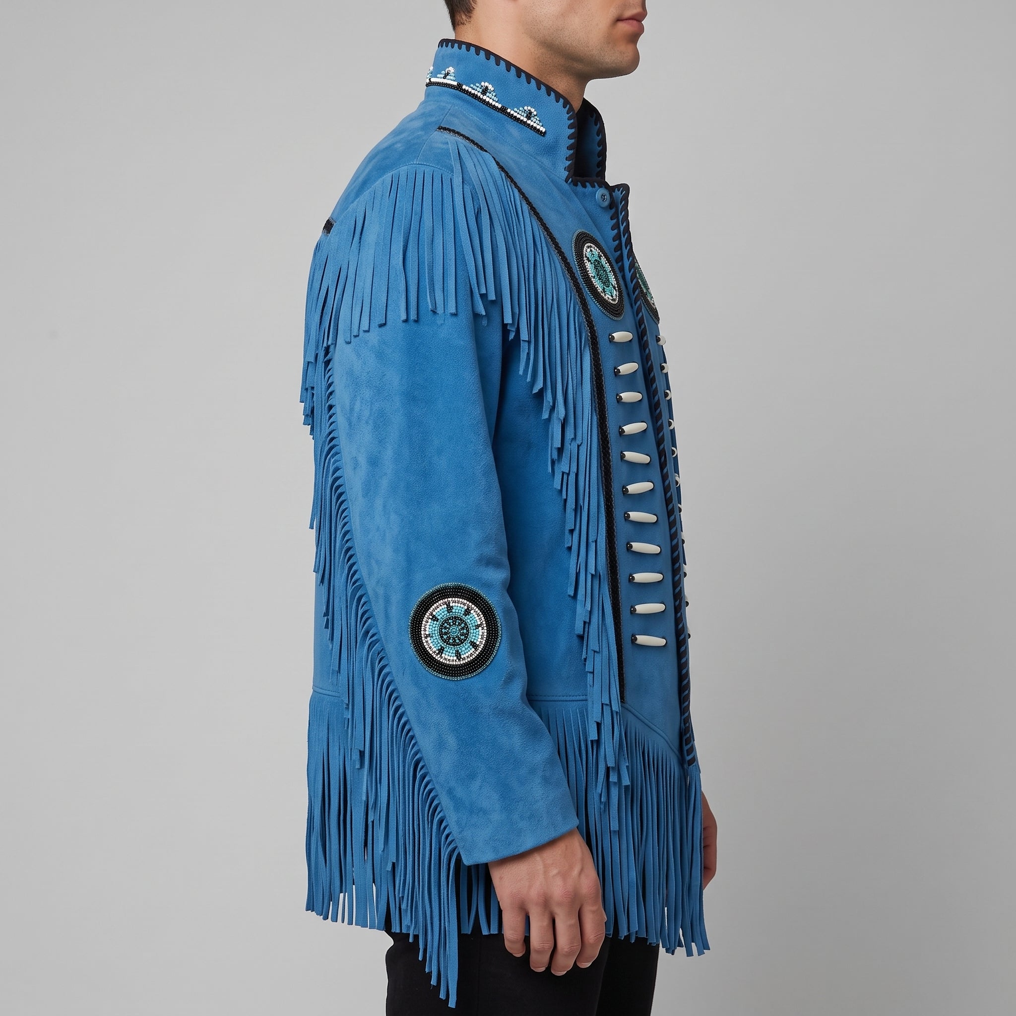 Men's Blue Fringed Suede Jacket — Cherrington